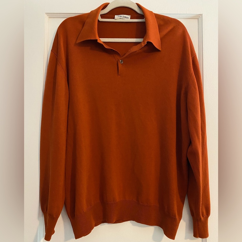 Gran Sasso Rust Orange V-Neck Wool Silk Polo Pullover Sweater Luxury Designer